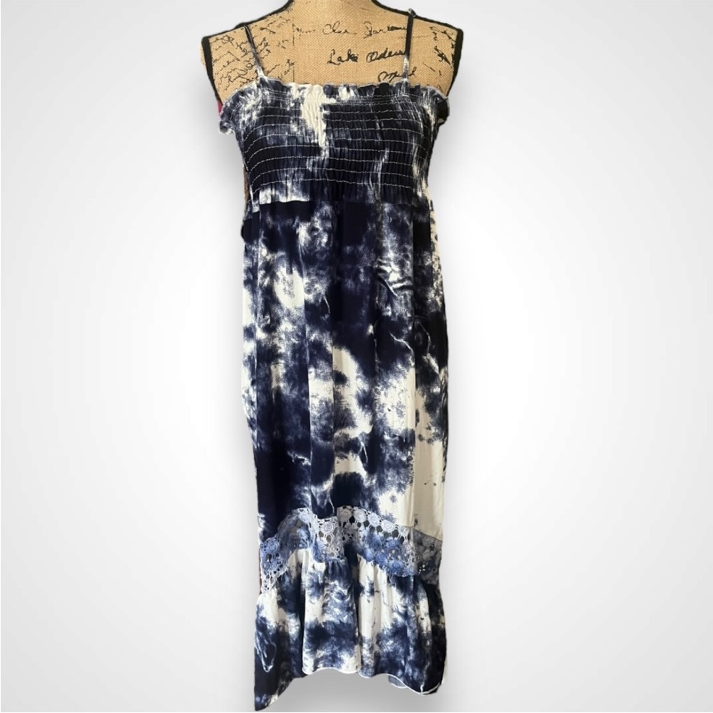 POOF! Navy and White Tie Dye Smocked Midi Dress Small | NWOT‎